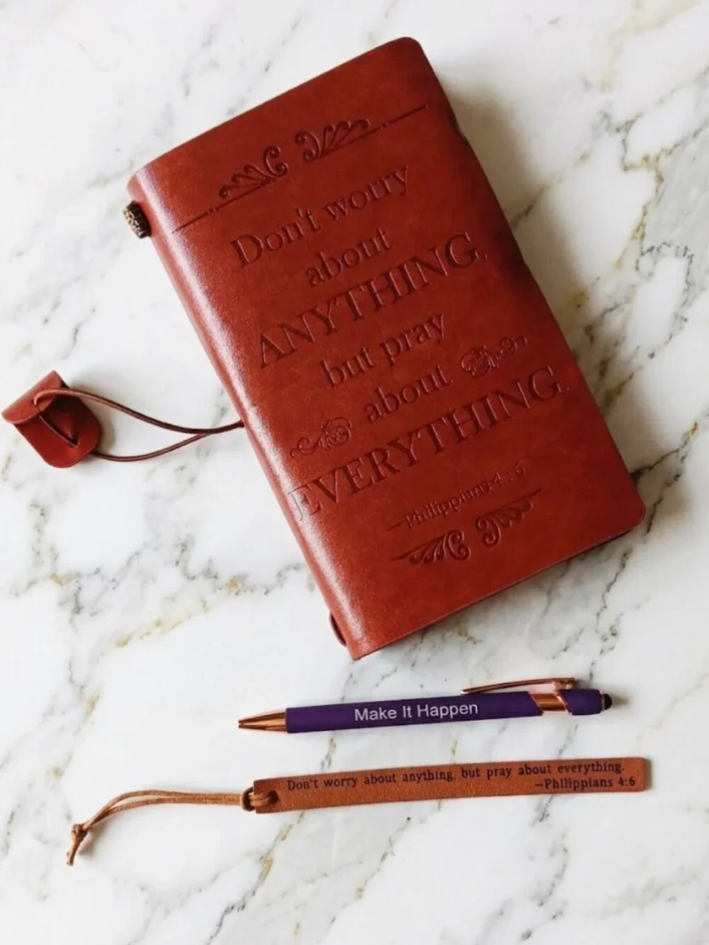 Brown Embossed Leather Journal with Pen Bookmark - Phil 4:6